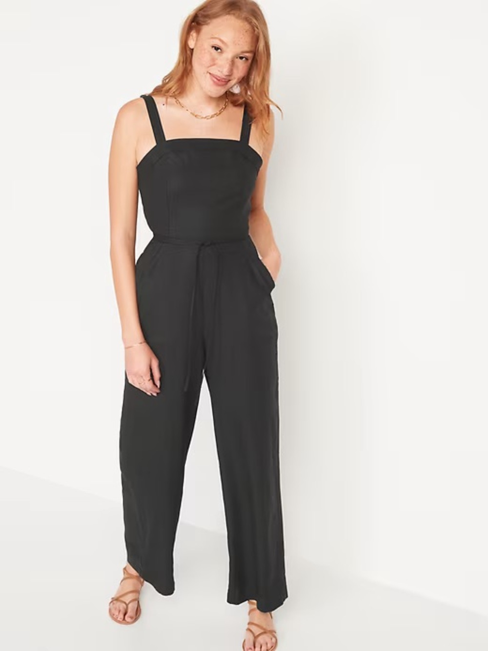Old Navy Black Linen Blend Utility Wide Leg Tie Waist Jumpsuit Overalls L